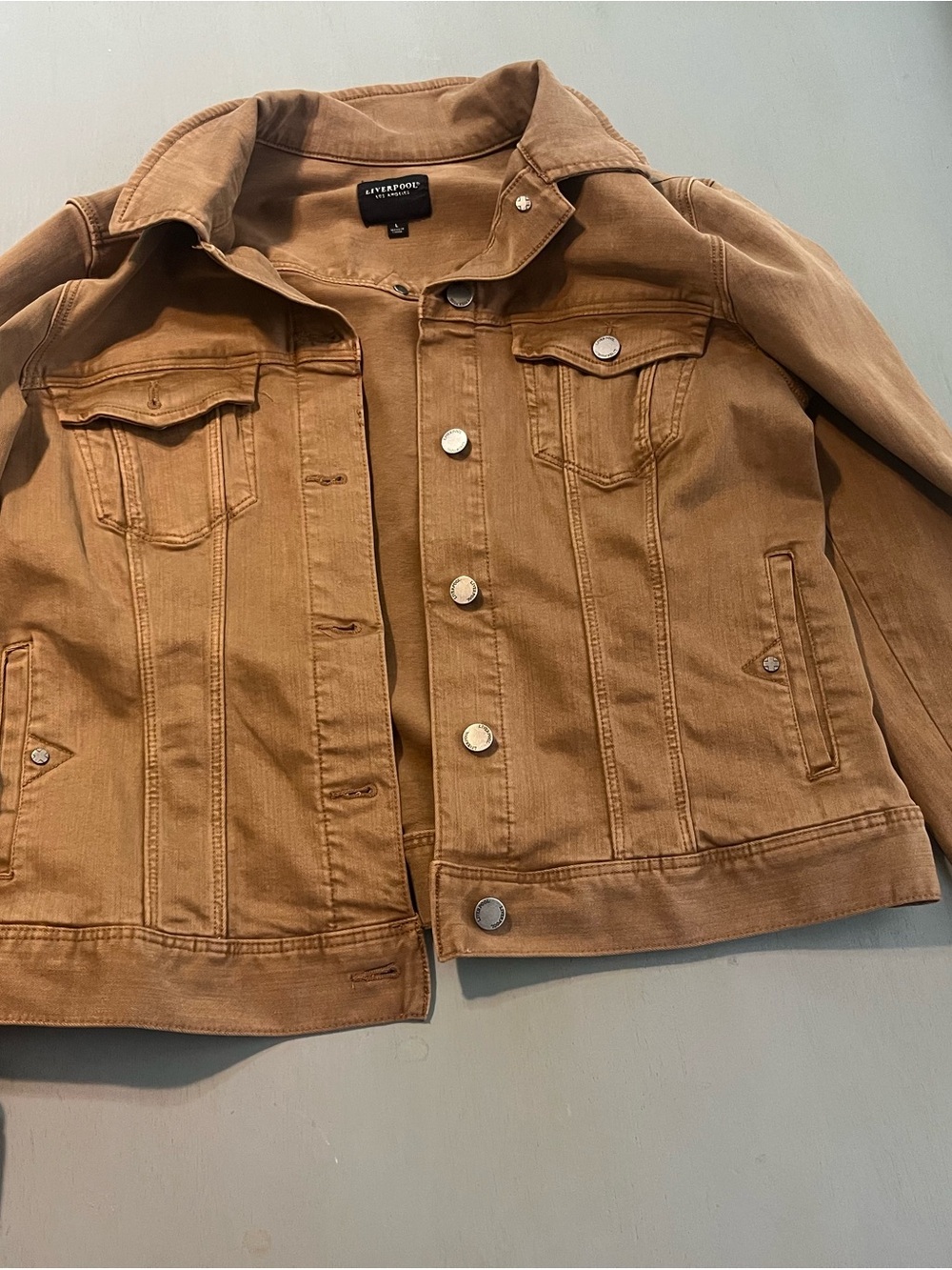 NWOT Liverpool Los Angeles Brown Tan Stretch Denim Jean Jacket Size L